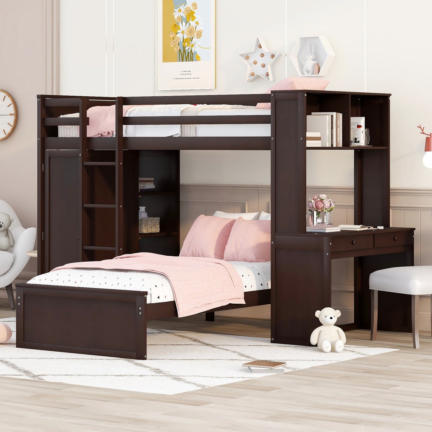 Twin size Loft Bed with a Stand-alone bed, Shelves, Desk, and Wardrobe