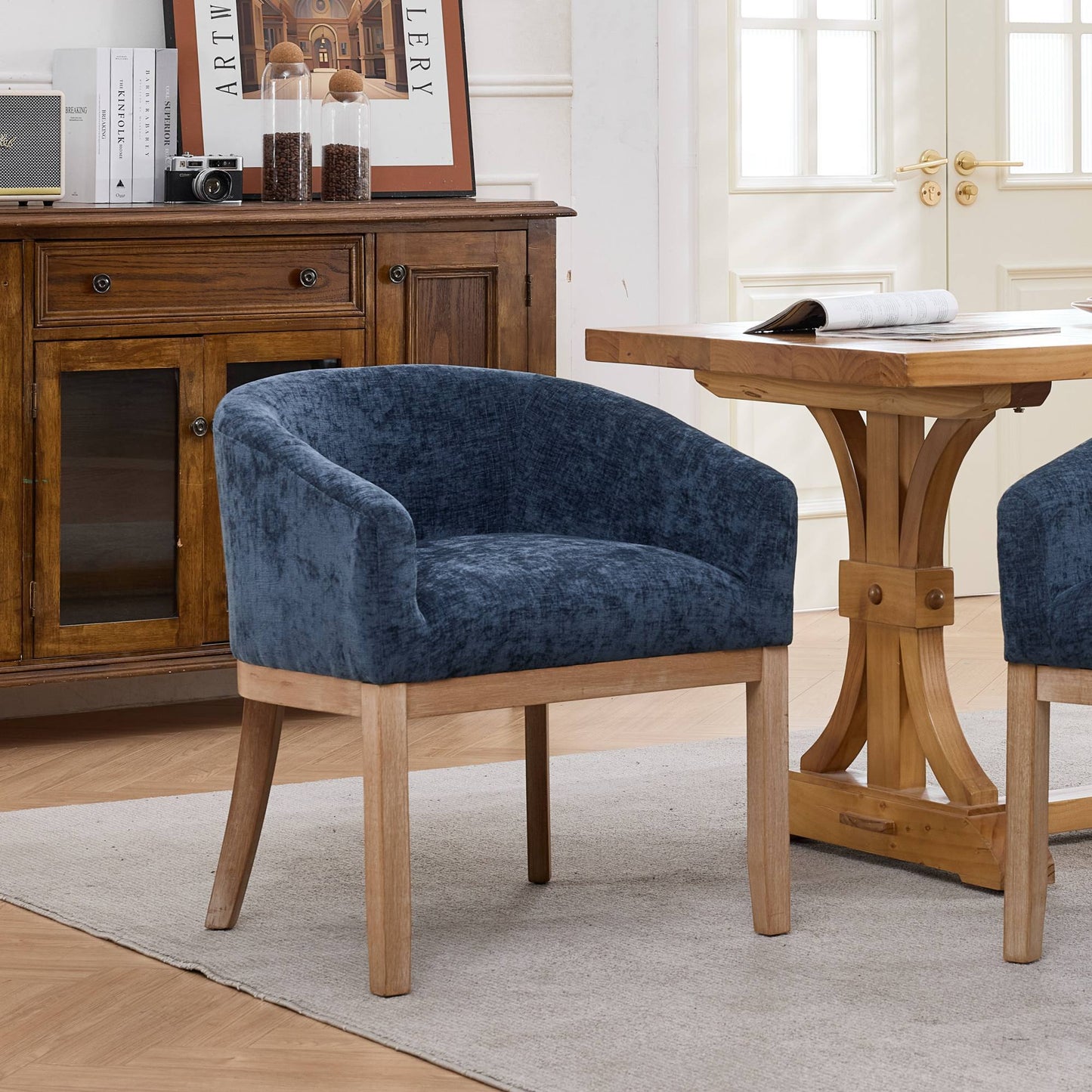 Mid Century Modern Upholstered Barrel Dining Chairs with Arms, Farmhouse Chenille Kitchen & Dining