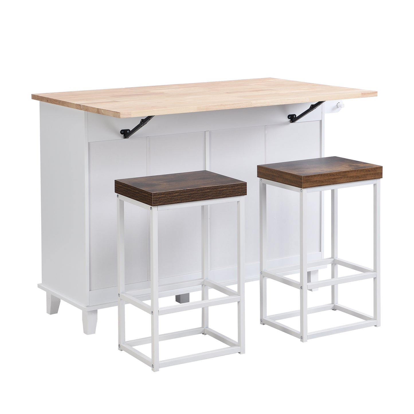Farmhouse Kitchen Island Set with Drop Leaf and 2 Seatings,Dining Table Set with Storage Cabinet, Drawers and Towel Rack, White+Rustic Brown