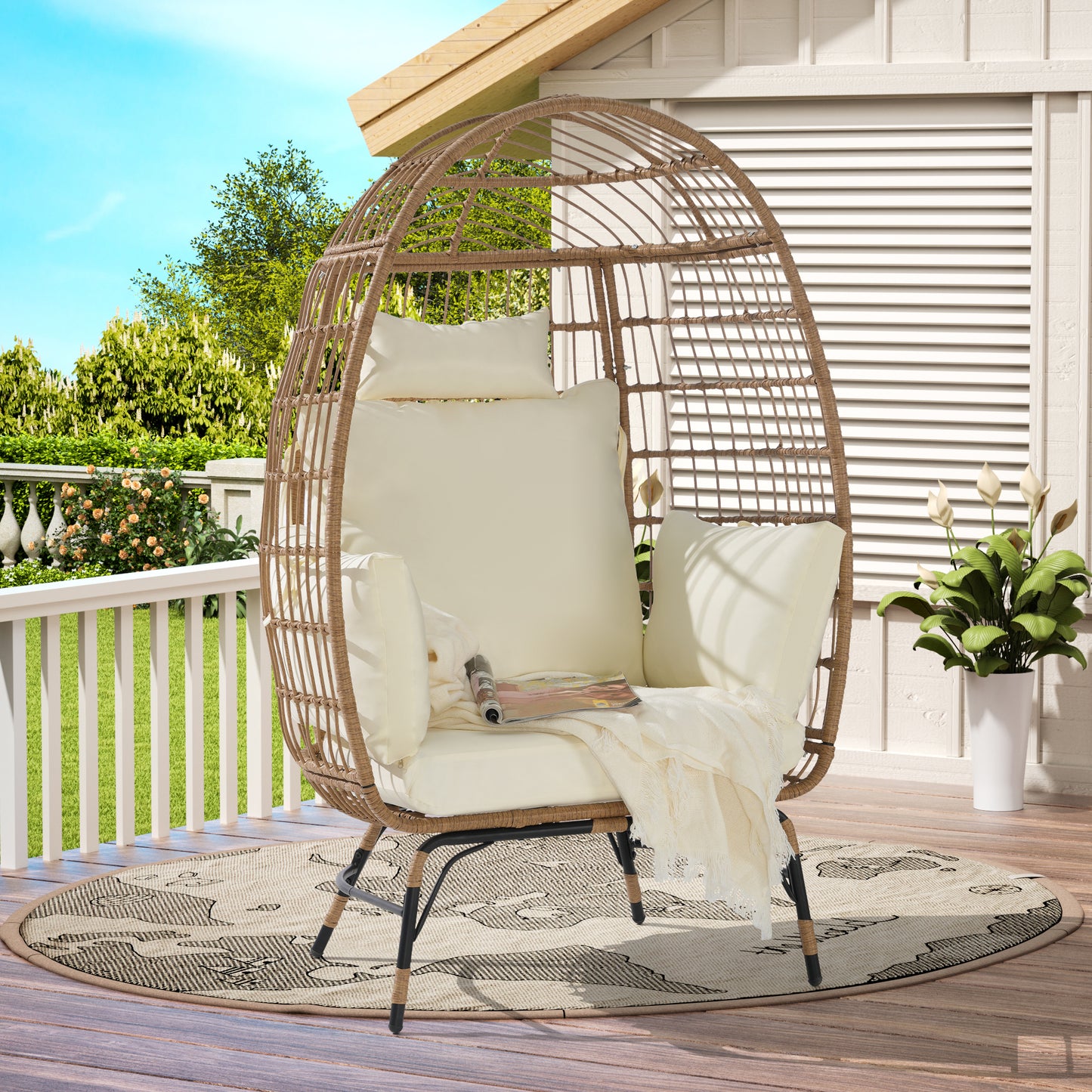 Oversized Wicker Egg Chair – Indoor Outdoor Rattan Lounge Chair with Cushion, Modern Patio Accent Chair
