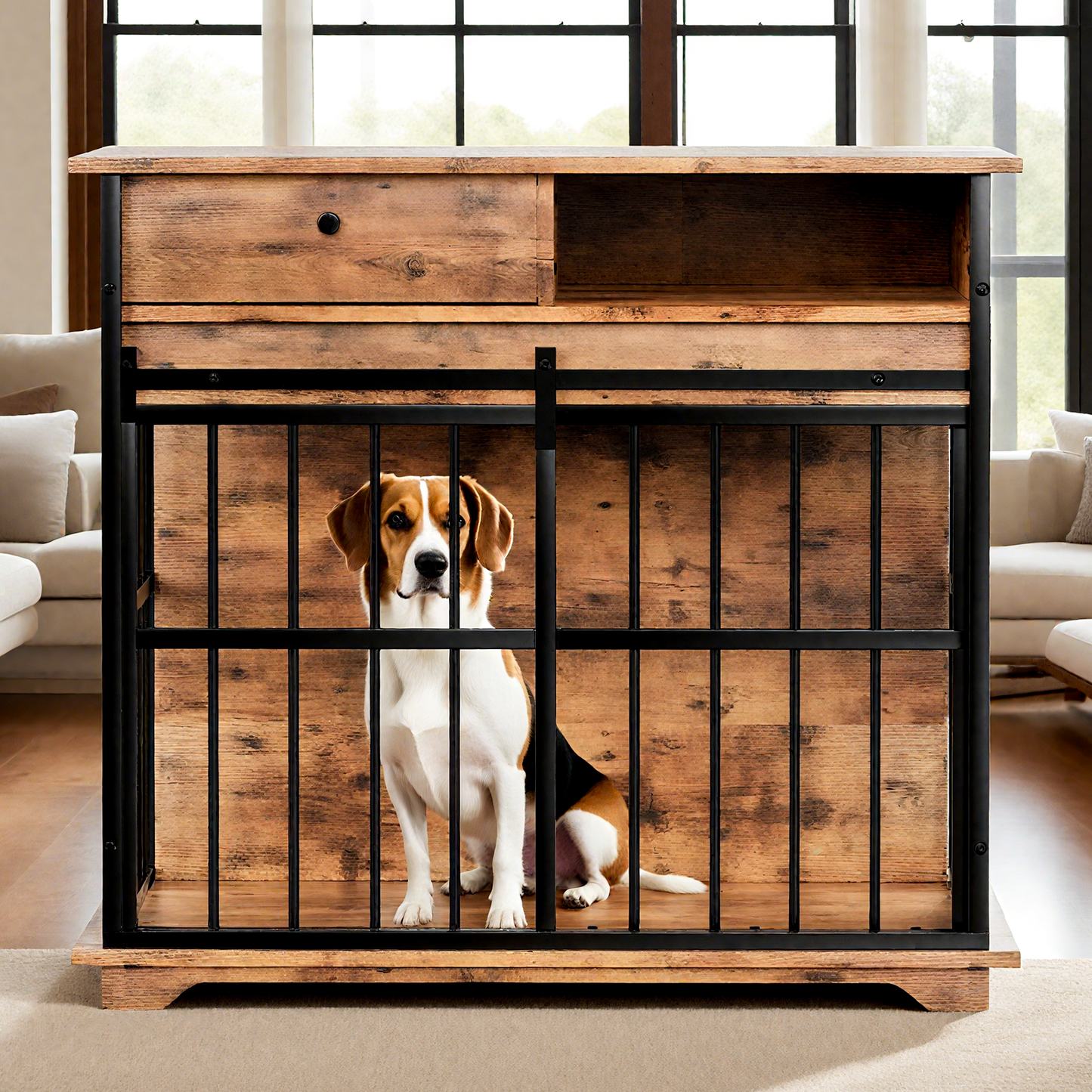 Modern Wooden Dog Crate Furniture with Tray, Large Indoor Pet Kennel Side Table for Medium & Large Dogs