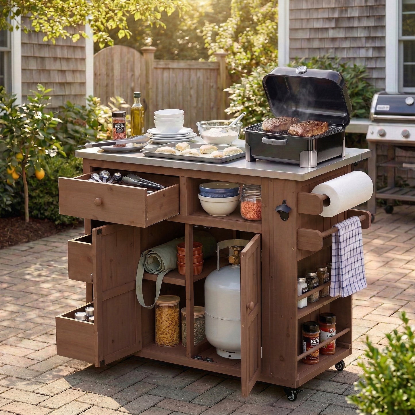 Outdoor Solid Wood Extendable 19.3''/28'' Kitchen Island, Stainless Steel Top Grill Table with Side Spice Rack, Kitchen