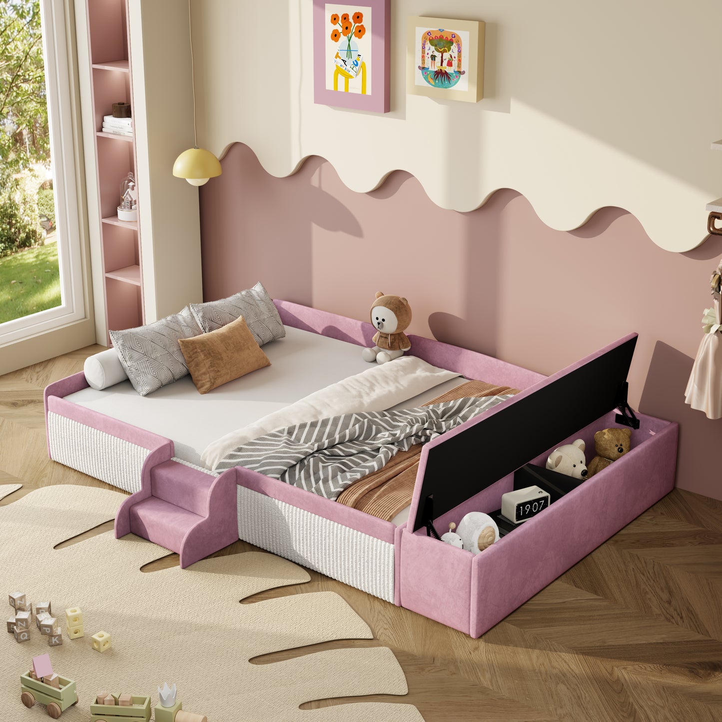 Velvet Upholstered Daybed with Stairs & Gas Lift Storage Ottoman, Contrast Color, Padded Guardrails
