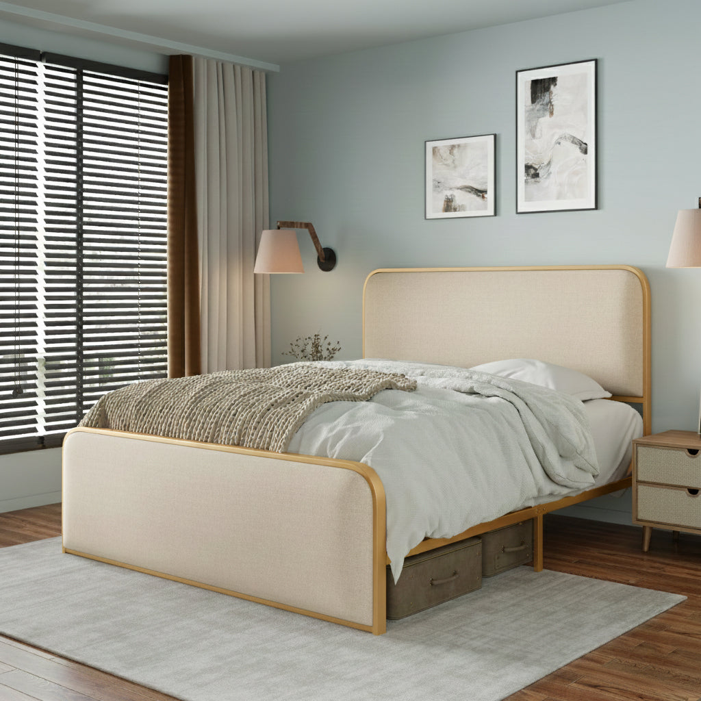 Gold Modern Metal Bed Frame with Curved Upholstered Headboard and Footboard with Storage and Heavy Duty