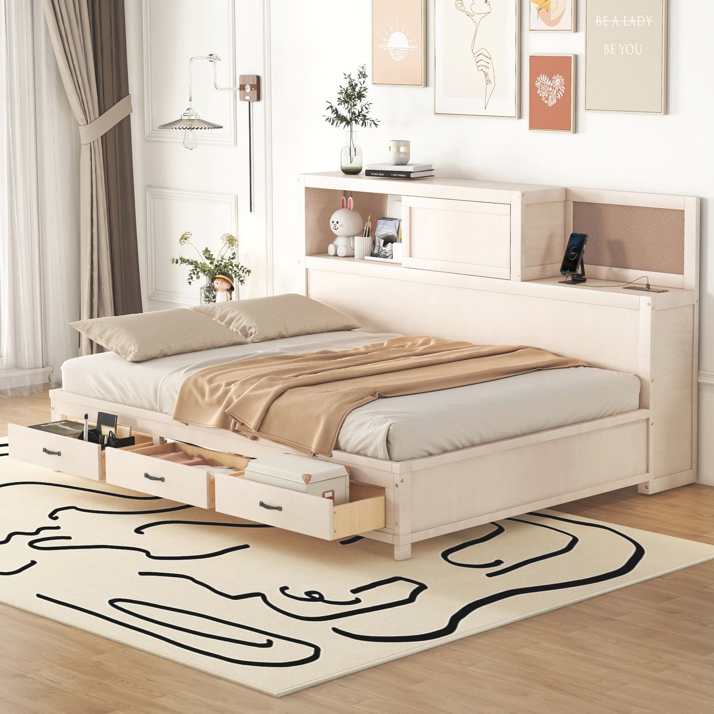 Full Size Wooden Daybed with 3 Storage Drawers, Upper Soft Board, shelf