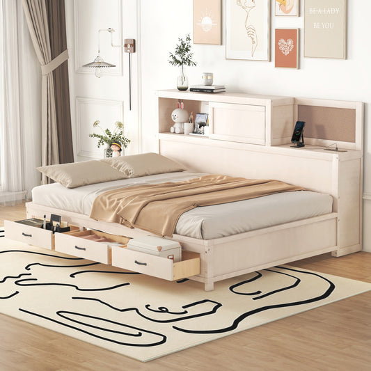 Daybed, Full Size, Solid Wood and MDF with Drawers and Shelves for Bedroom or Living Room