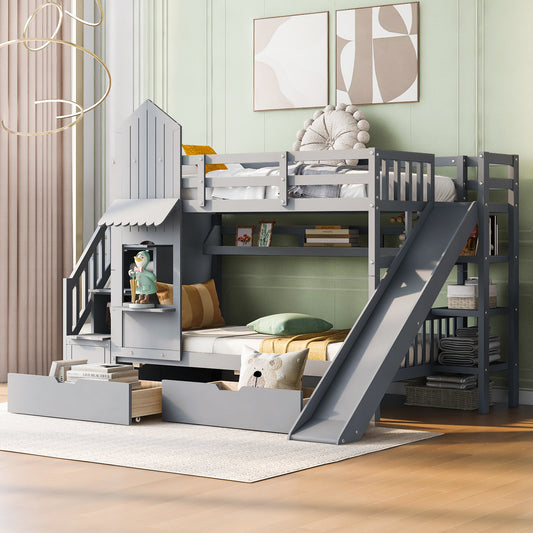 Castle-Style Bunk Bed, Twin Over Twin, Solid Wood with Two Storage Drawers and Shelves for Shared Bedroom or Guest Room