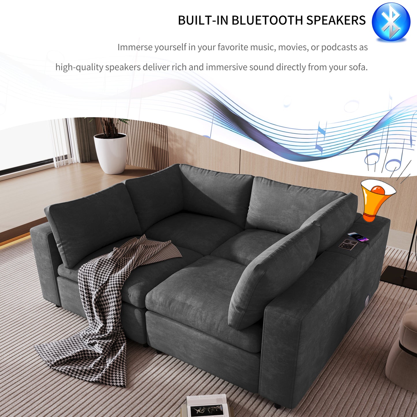 Upholstered Modular Sofa with  with Storage Space, USB Charge Ports,Wireless Charging and Built-in Bluetooth Speaker in Arm,Sectional sofa for Living Room Apartment.[old sku:WY000317AAE]