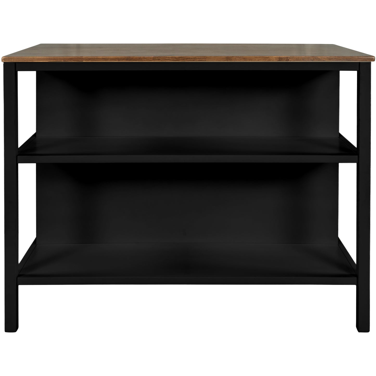 Solid Wood Rustic 3-piece 45" Stationary Kitchen Island Set with 2 Seatings, Rubber Wood Butcher Block Dining Table Set Prep Table Set with 2 Open Shelves for Small Places,Walnut+Black