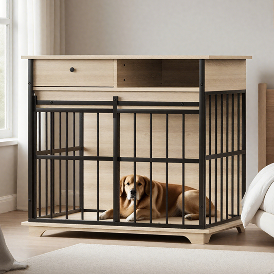 Modern Wooden Dog Crate Furniture with Tray, Large Indoor Pet Kennel Side Table for Medium & Large Dogs