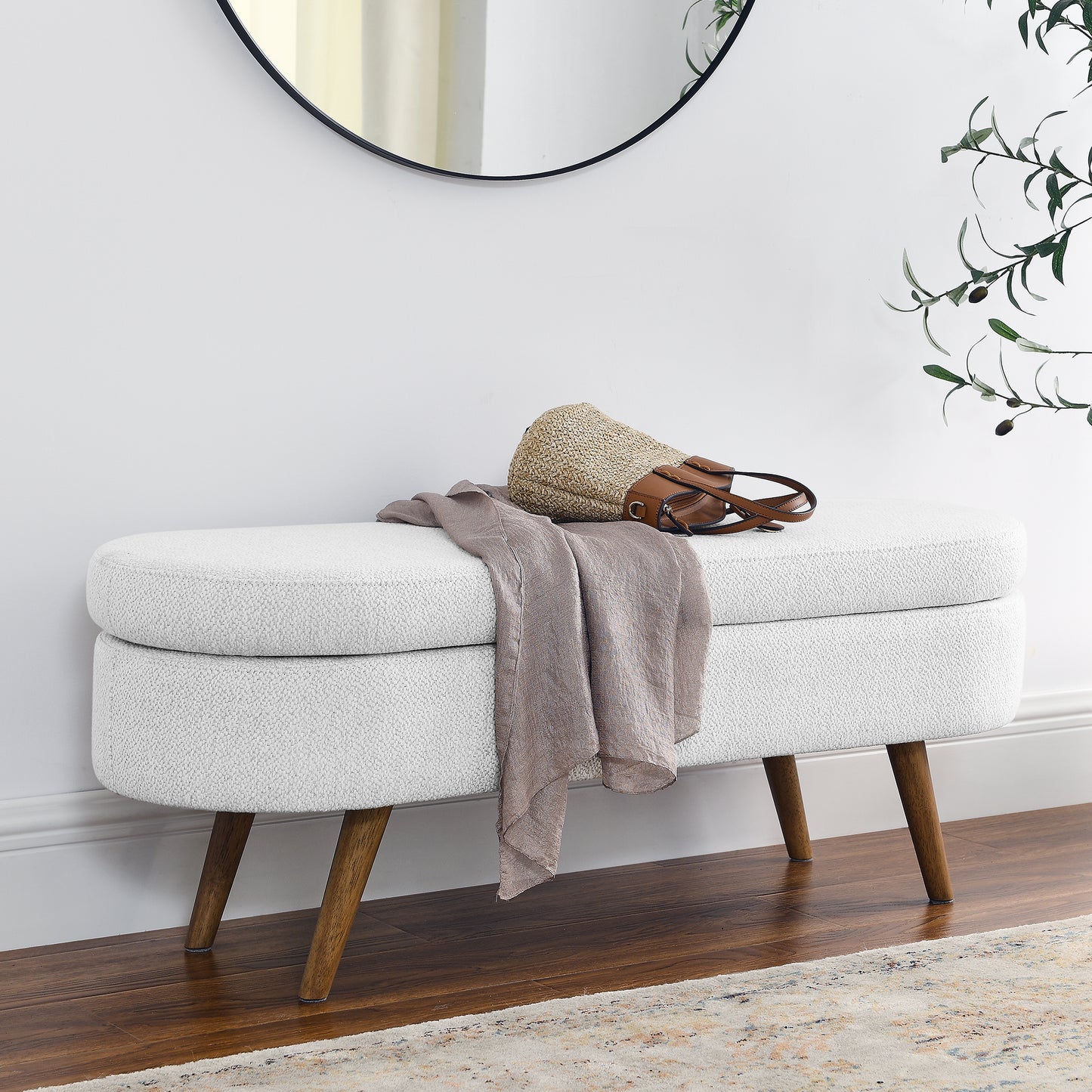 Ottoman Oval Storage Bench with Rubber Wood Legs, 43.5'x16x16