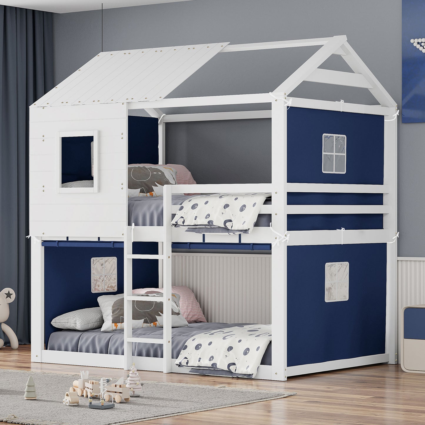 Full Size Bunk Wood House Bed with Tent