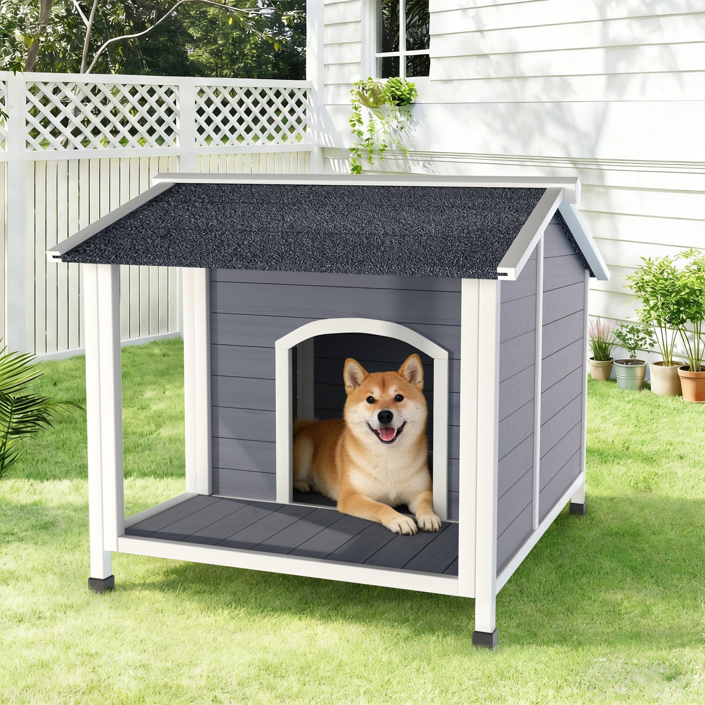 Outdoor Wooden Dog House – Weatherproof Dog Shelter with Asphalt Roof, Raised Floor & Easy Assembly for Small to Medium Dogs