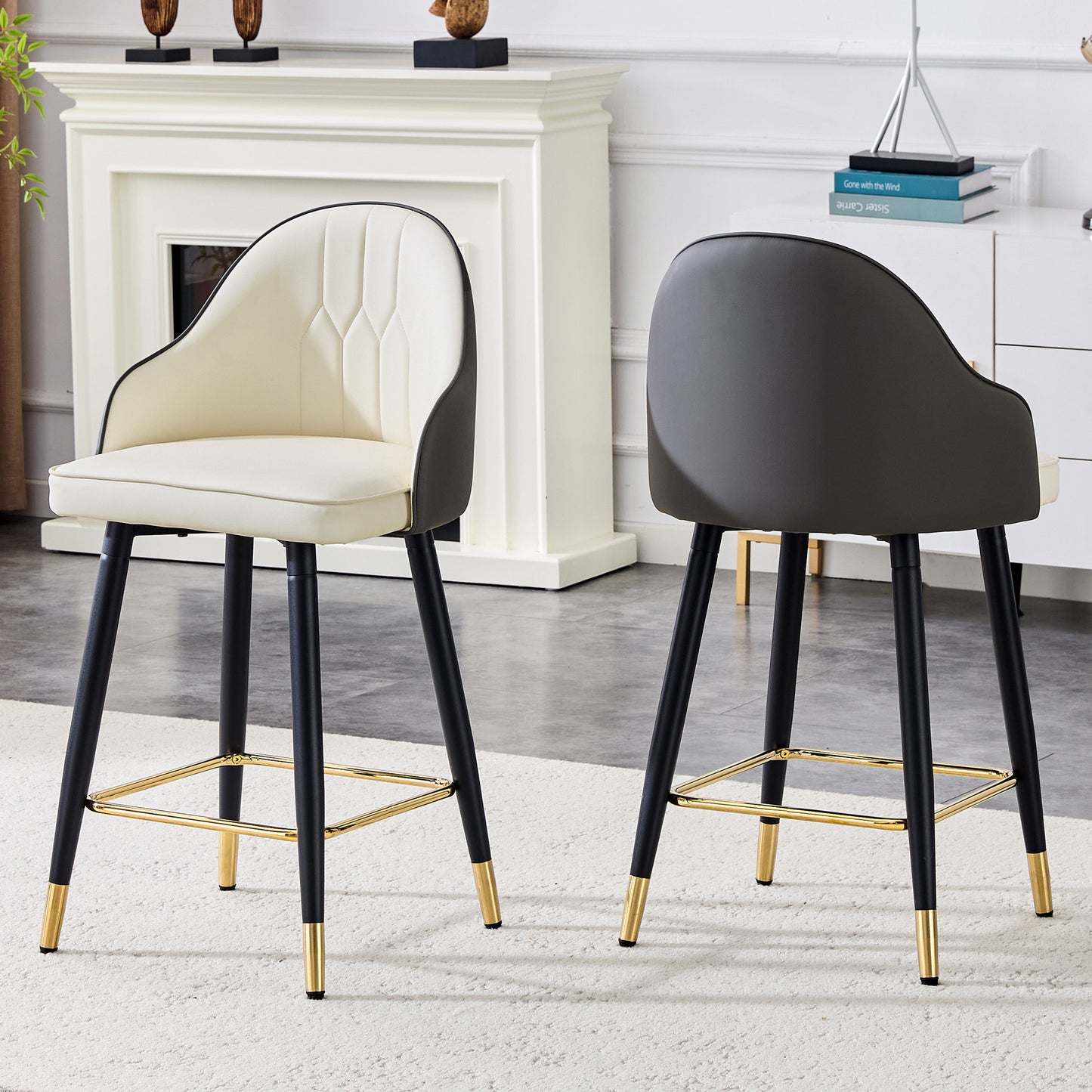 PU Leather Bar Stools Set of 2 – 37.7" Counter Chairs with Gold Footrest & Metal Legs, Kitchen Island Seating