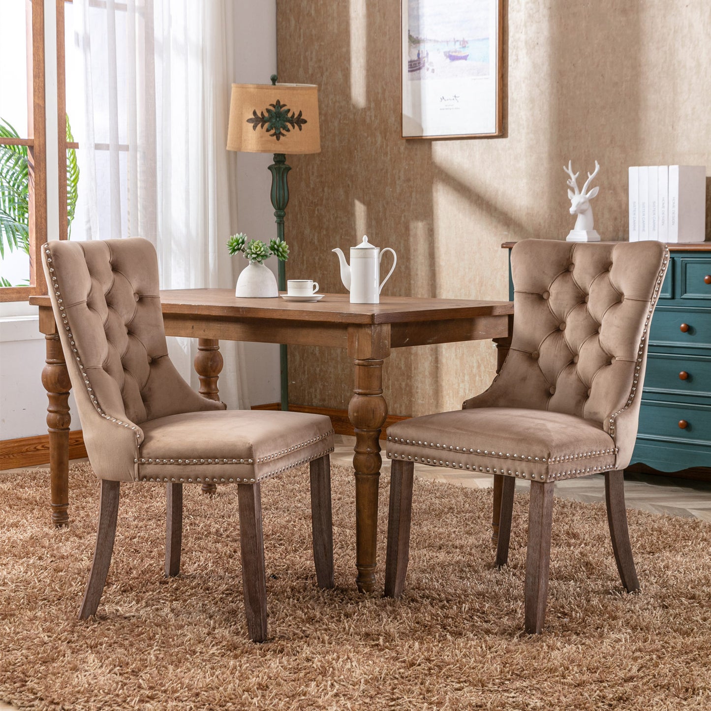 Nikki Collection Modern Tufted Velvet Dining Chair with Wood Legs, 2-Pcs