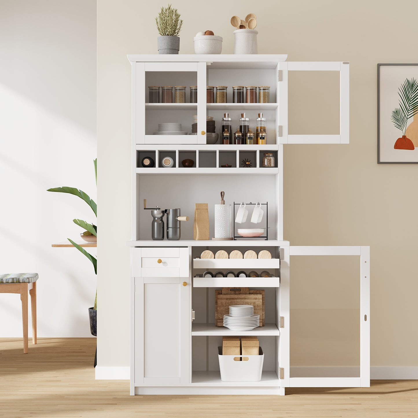 Farmhouse 35.4x17.7x74.8inch Freestanding Buffet with Hutch, Tall Kitchen Pantry Storage Cabinet with Wine Rack and Adju