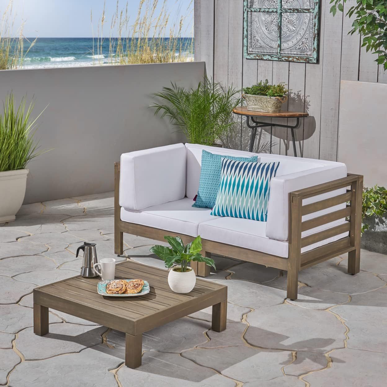 3-Piece Outdoor Loveseat Set with Coffee Table – Acacia Wood Patio Conversation Set with Water-Resistant Cushions