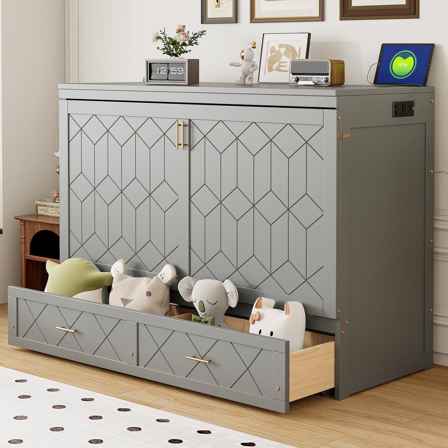 Queen Size Murphy Bed Wall Bed with drawer and a set of Sockets & USB Ports