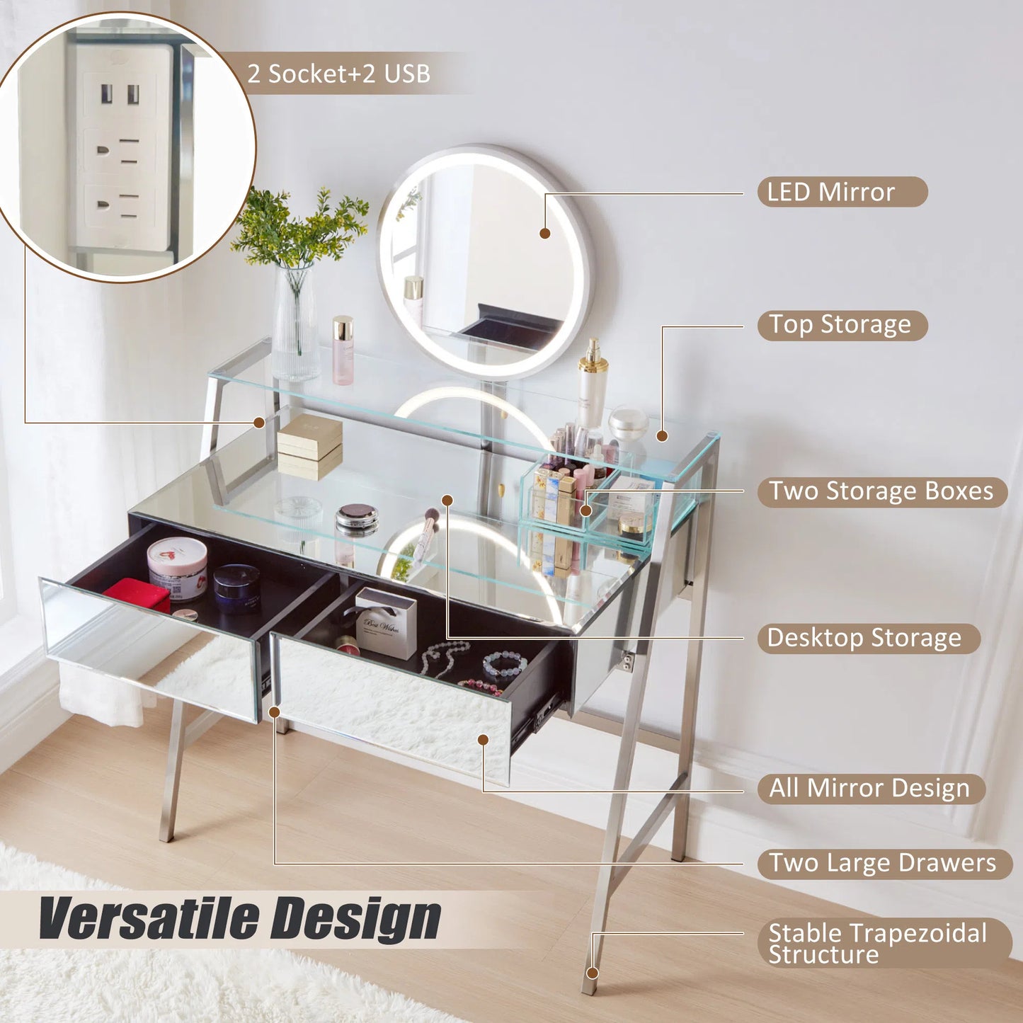 33.9" Mirrored Makeup Vanity Desk with Mirror and Lights, Mirrored Console Vanity Table with 2 Big Drawers & Open Shelf, Dressing Table with Charging Station for Bedroom, Silver