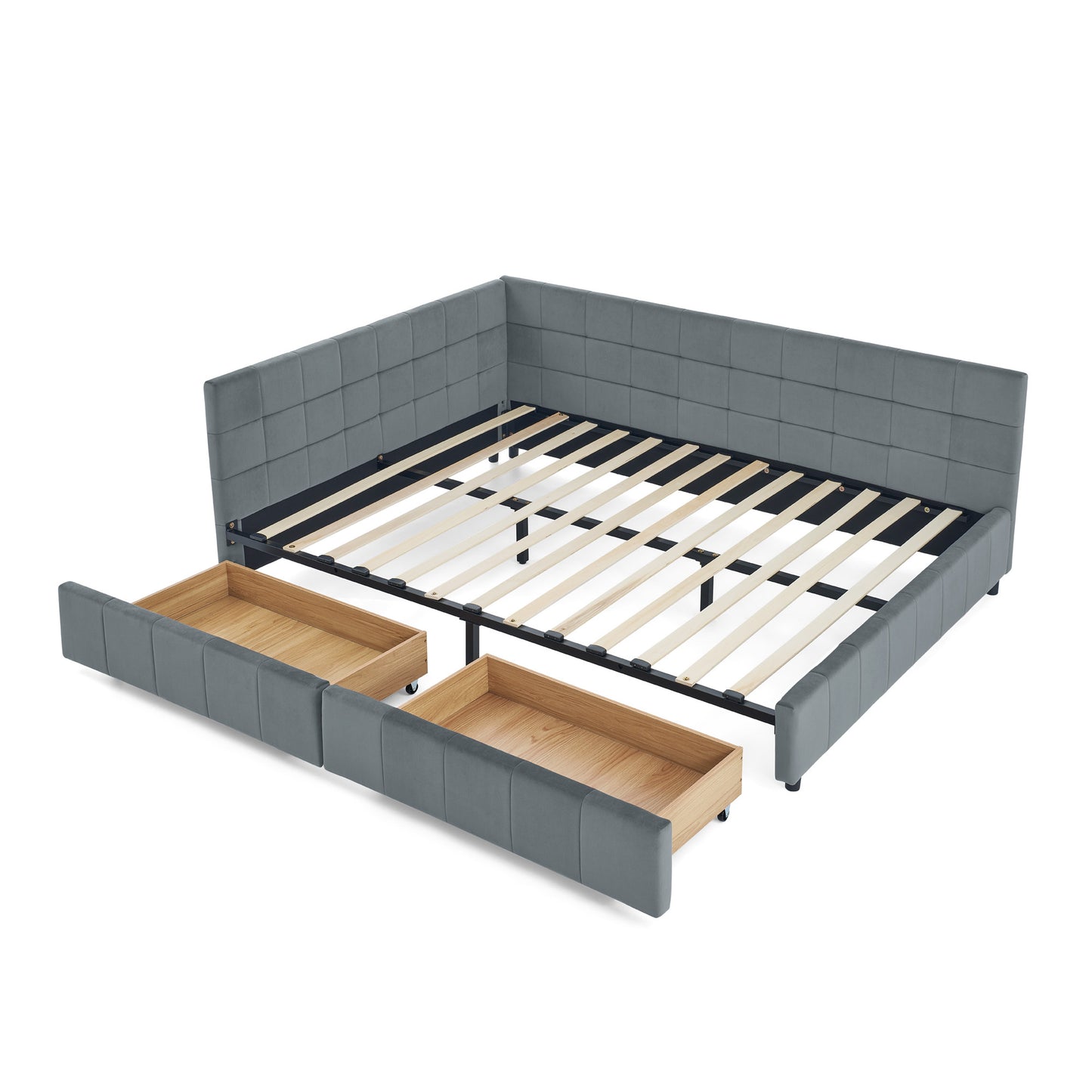 Mid-Century Velvet Upholstered Tufted Storage Bed Frame with Backrest and Armrests