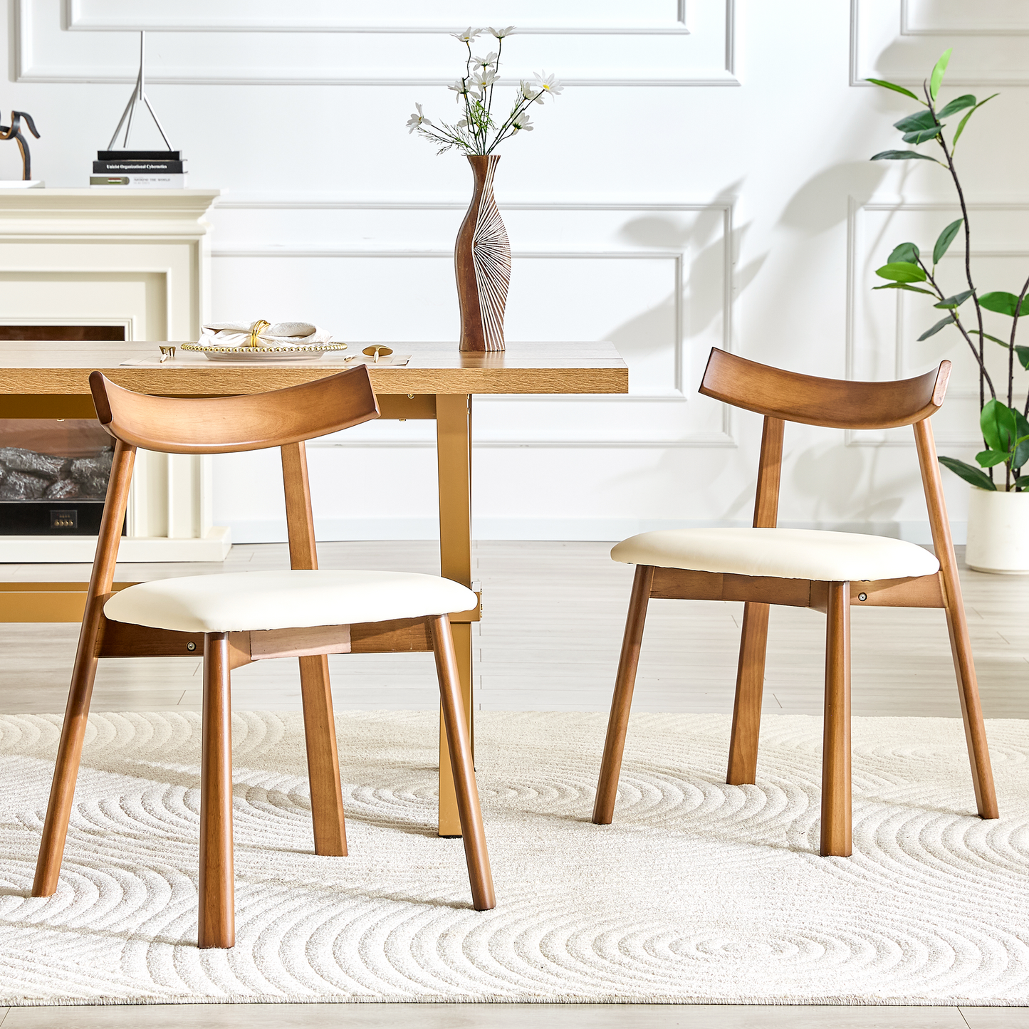 Set of 2 Solid Wood Dining Chairs with PU Soft Cushions and Curved Backrests