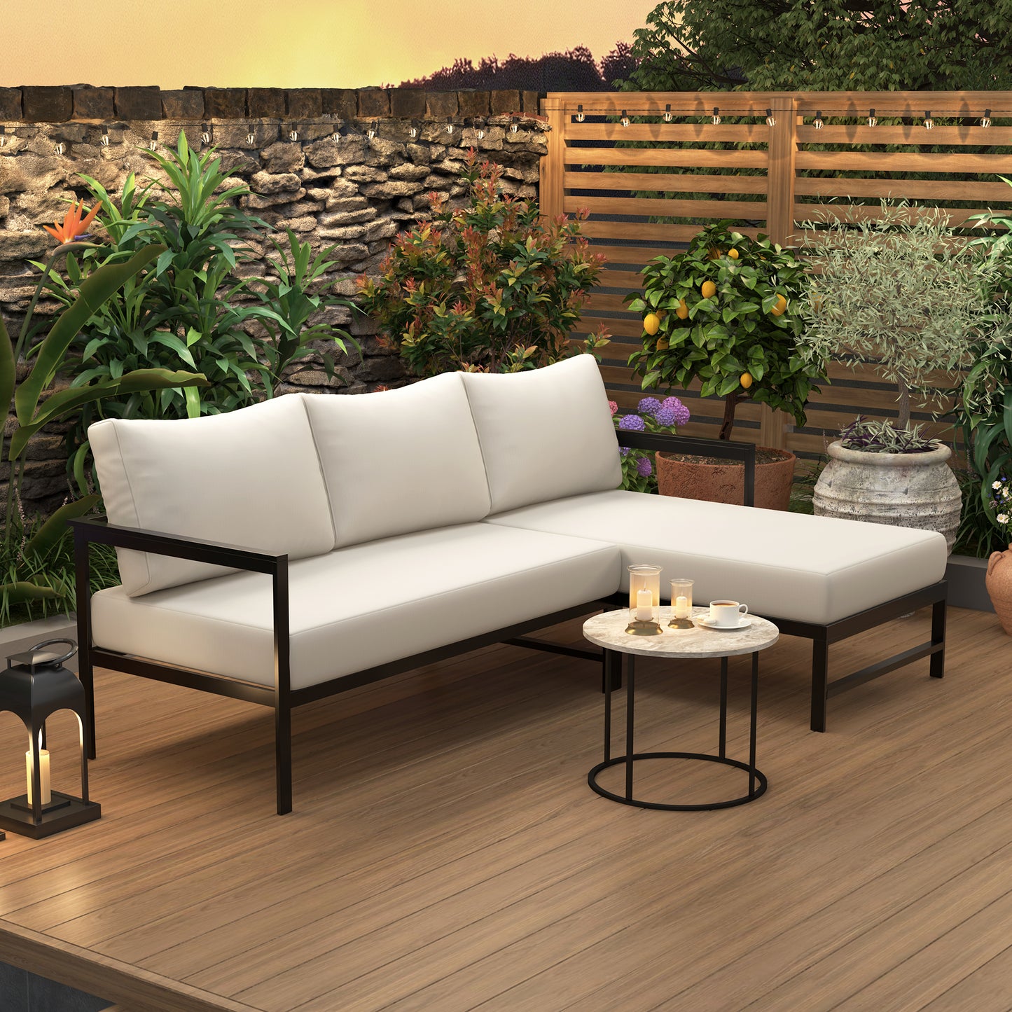 Outdoor L-Shaped Sofa with Iron Frame,Weather-Resistant Patio Sofa Set with Ultra-Thick Cushions,Comfortable Seating for