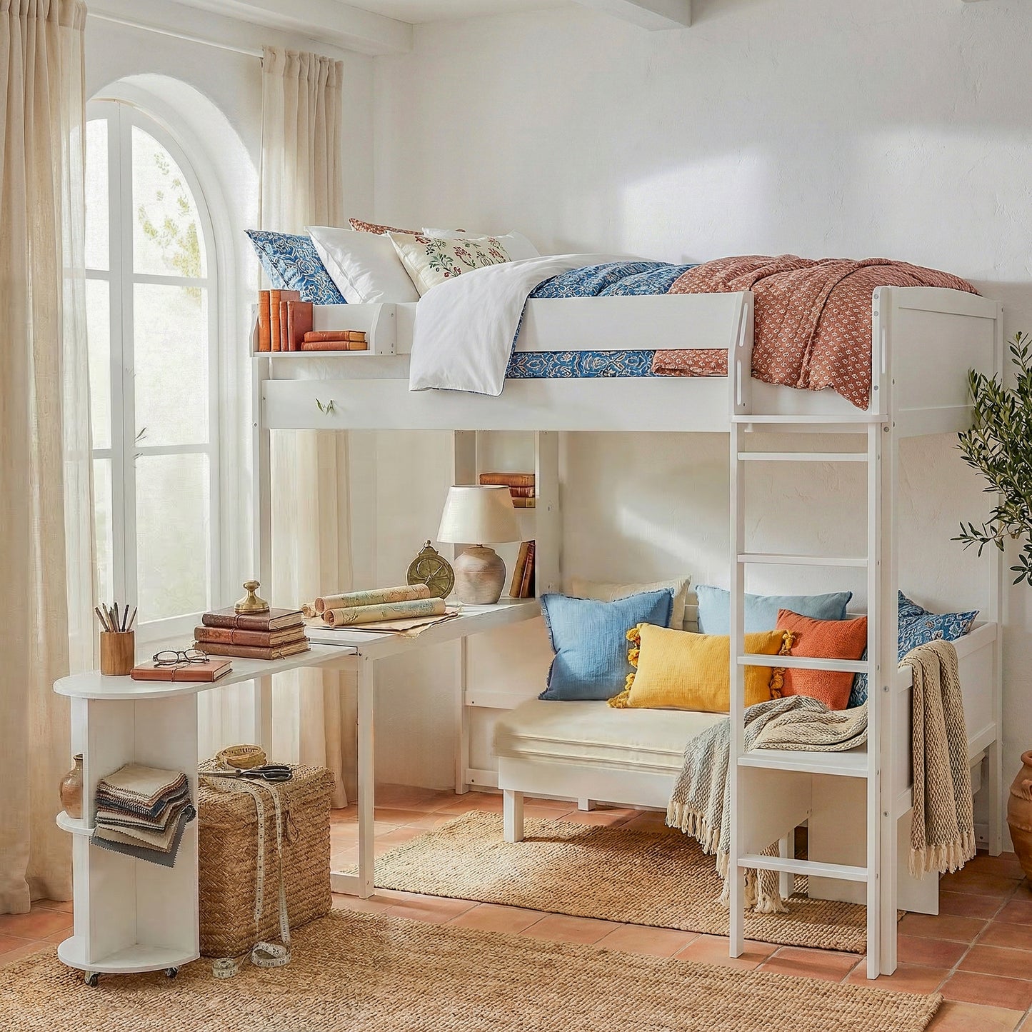 Wood Loft Bed with Desk, Bedside Storage Shelf, Sofa and Light