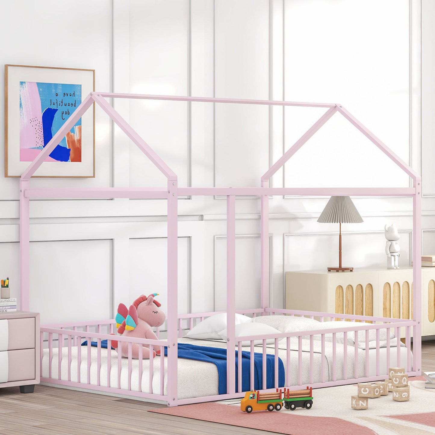 Metal Bed House Bed Frame with Fence, for Kids, Teens, Girls, Boys