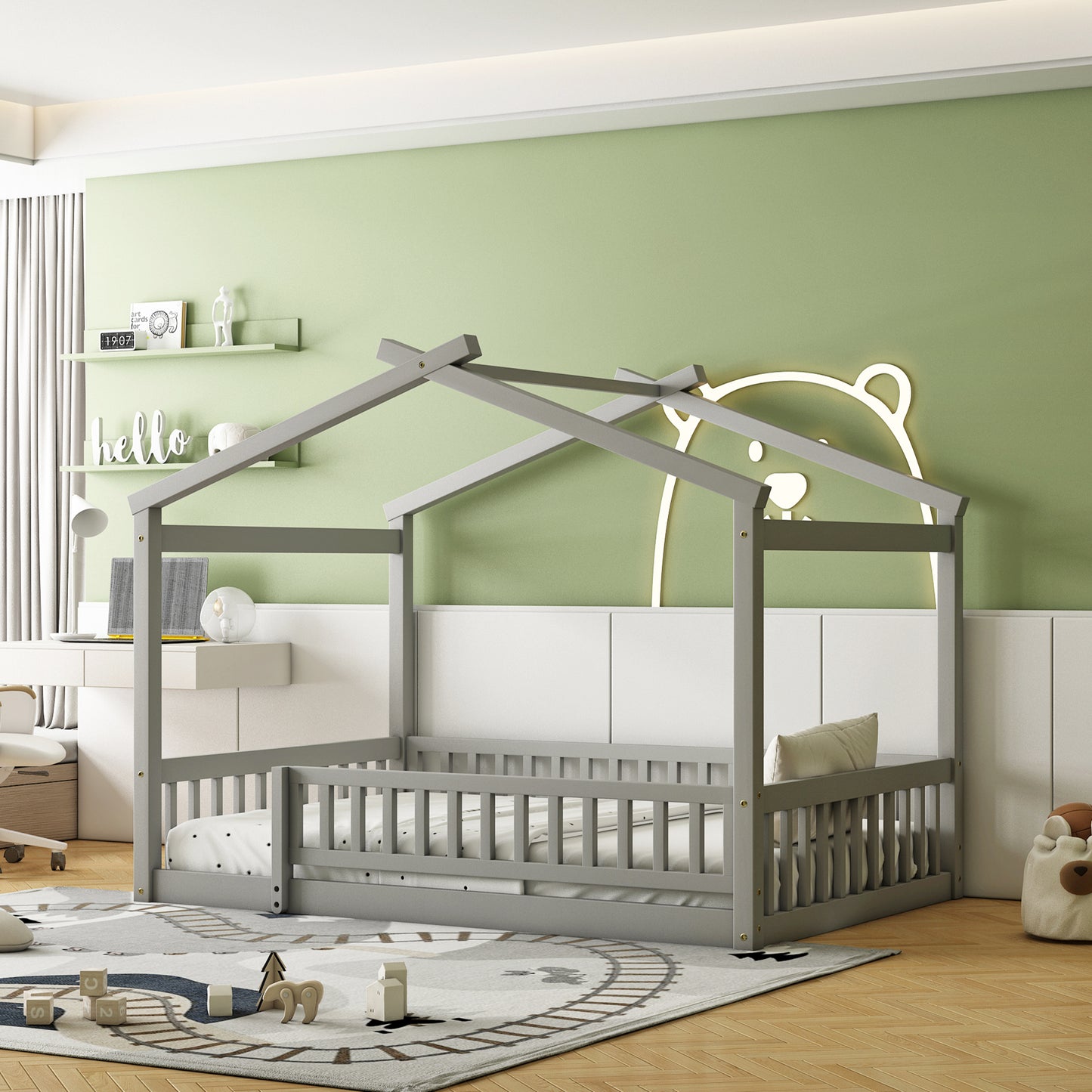 Wood Bed House Bed Frame with Fence, for Kids, Teens, Girls, Boys