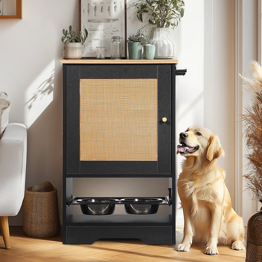 Dog Feeding Station Black+Vintage Particle Board with Storage and Drawer Storage for Pet-Friendly Home Organization