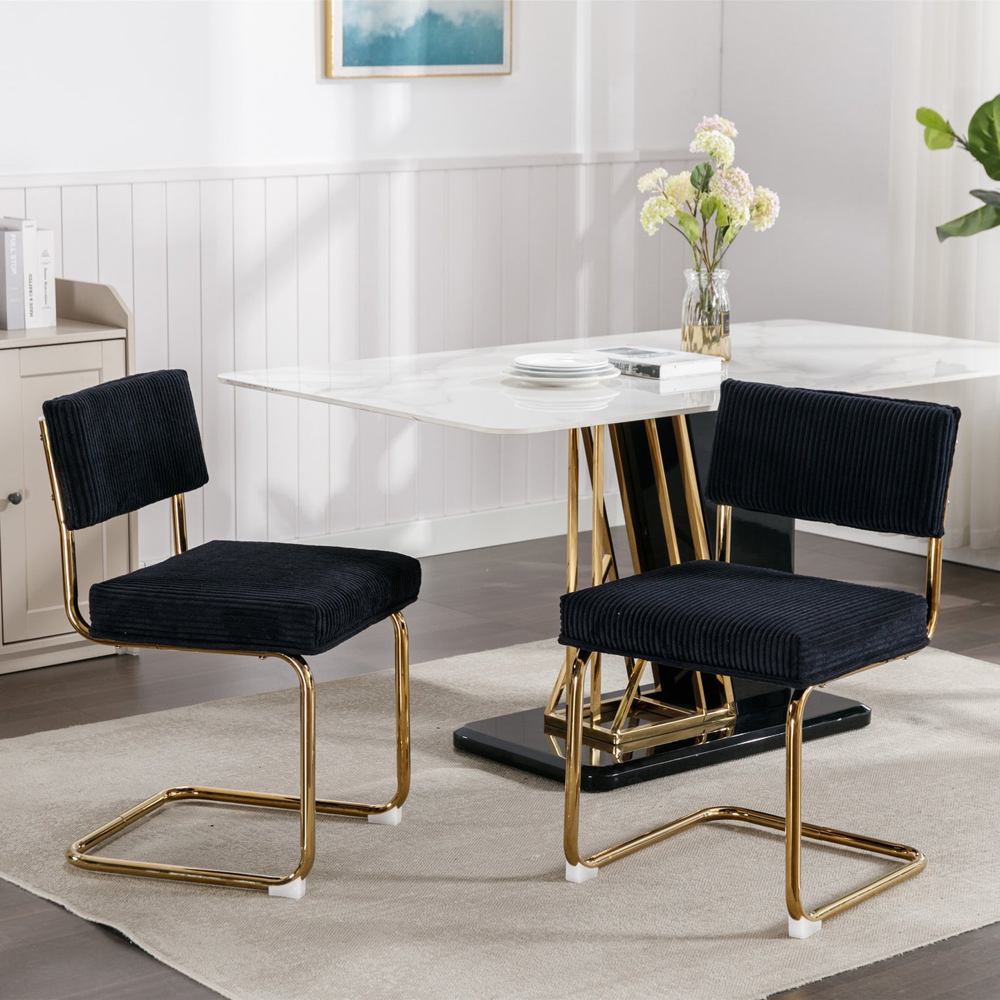 Modern Dining Chairs with Corduroy Fabric,Gold Metal Base, Accent Armless Kitchen Chairs with Channel Tufting, Side Chairs, Set of 2, Black