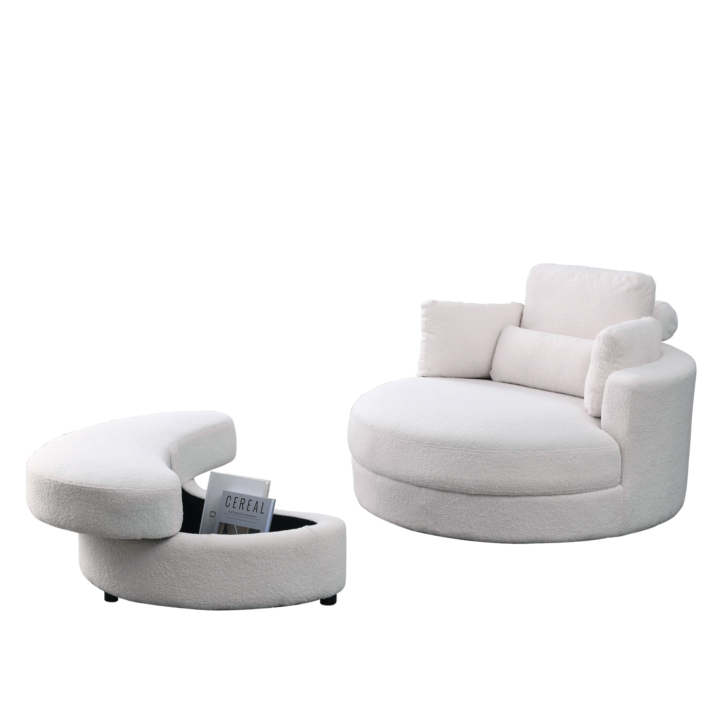 Swivel Accent Barrel Modern Sofa Lounge Club Big Round Chair with Storage Ottoman Linen Fabric for Living Room Hotel with Pillows,Teddy White (Ivory)
