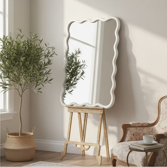 Wavy Solid Wood Wall Mirror with Irregular Frame for Bathroom, Bedroom, or Entryway