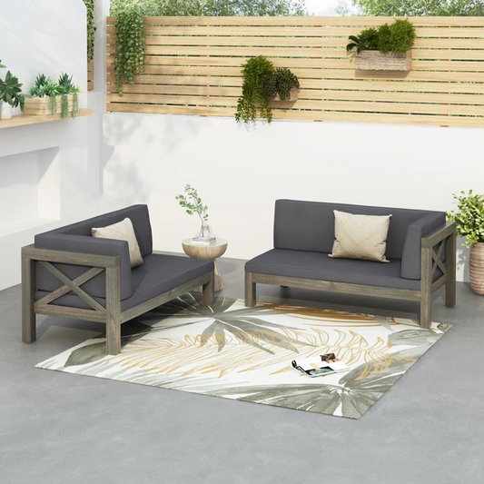 Title: X-Back Outdoor Corner Bench Set – Acacia Wood Patio Sectional Seating with Water-Resistant Cushions, Dark Gray