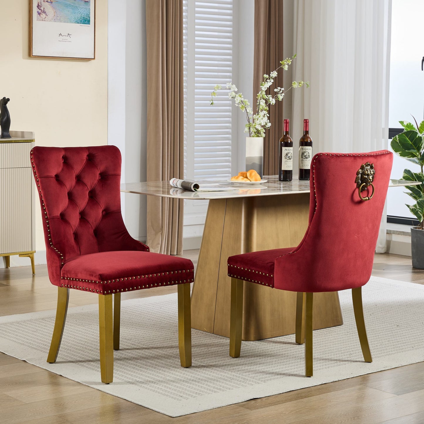 Mid-Century Modern Tufted Velvet Dining Chairs with Lion Head Pull Ring, Golden Wooden Legs