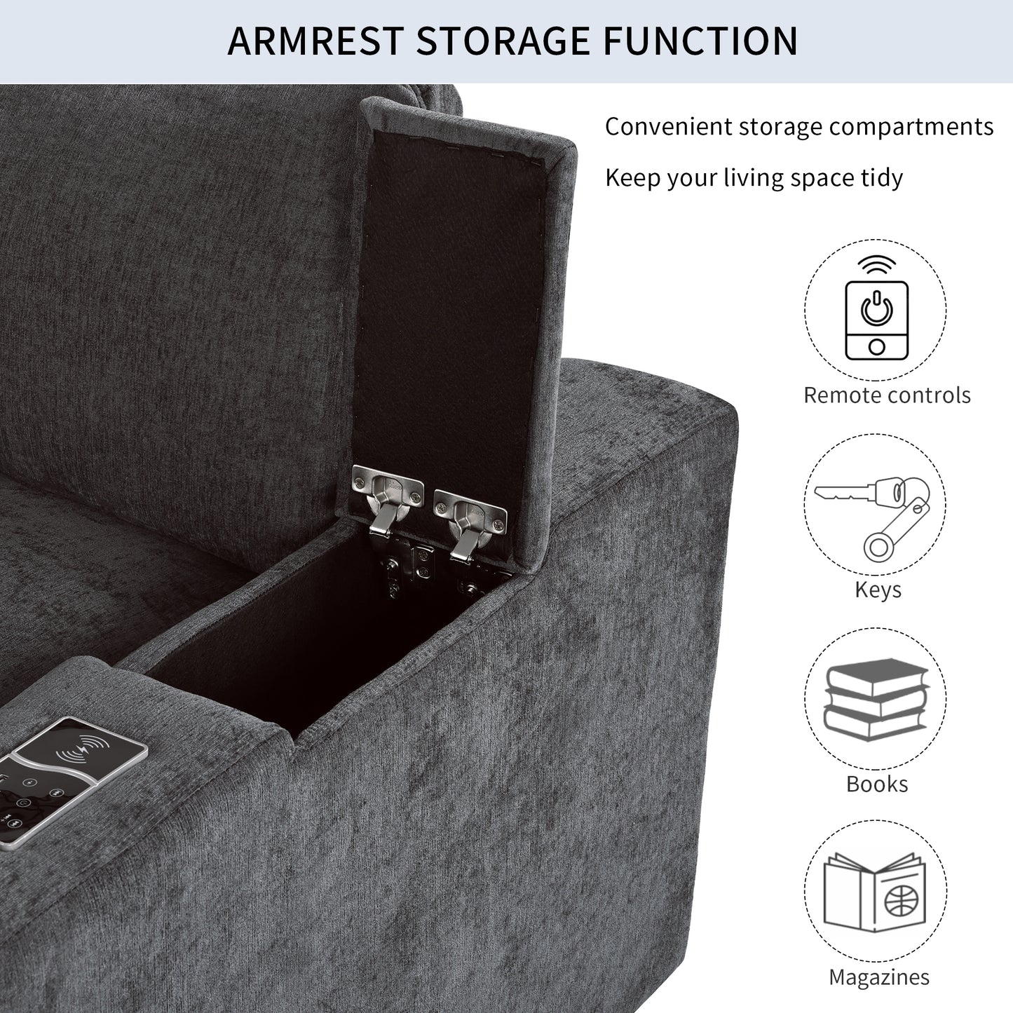 Upholstered Modular Sofa with  with Storage Space, USB Charge Ports,Wireless Charging and Built-in Bluetooth Speaker in Arm,Sectional sofa for Living Room Apartment.[old sku:WY000317AAE]