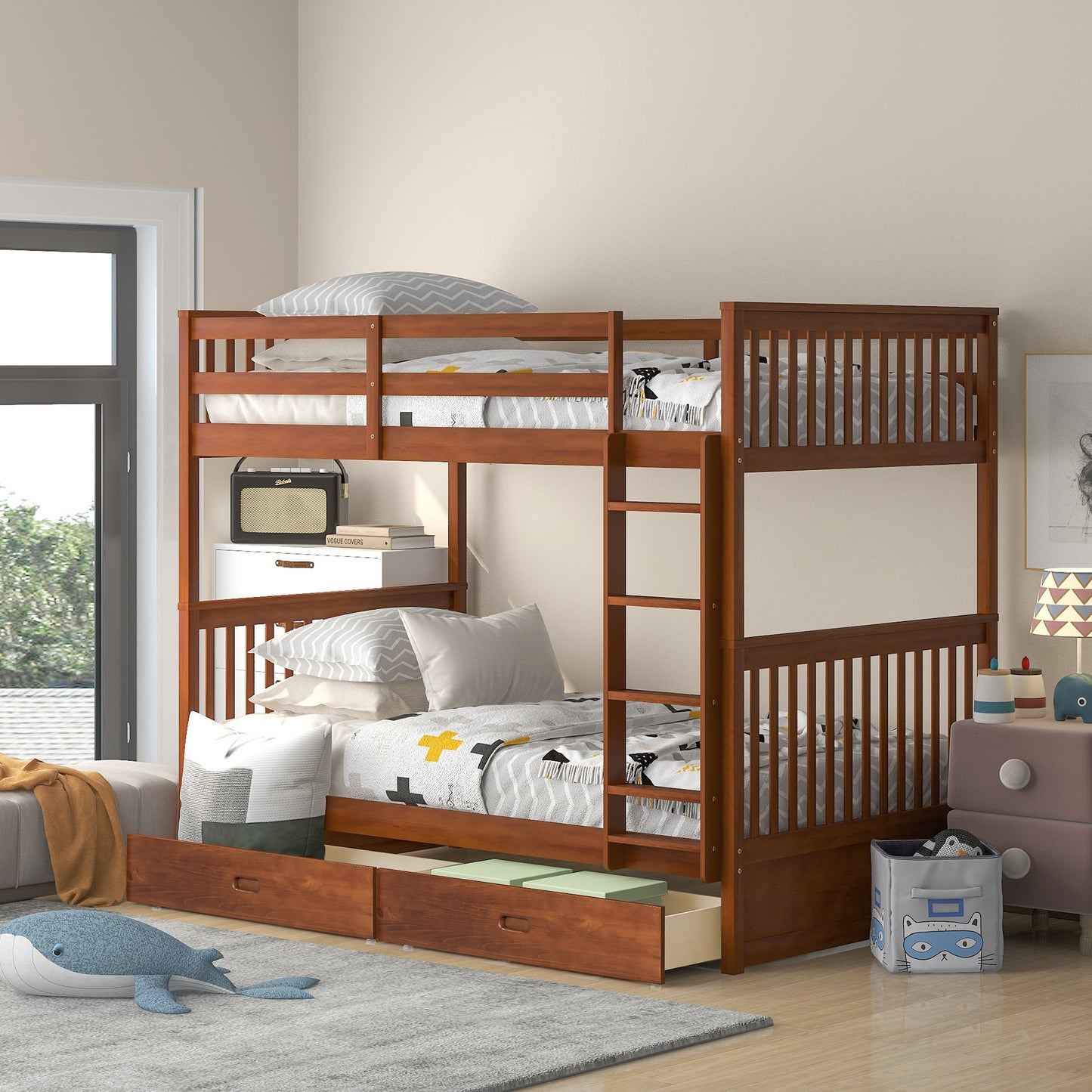 Twin-Over-Twin Bunk Bed with Ladders and Two Storage Drawers