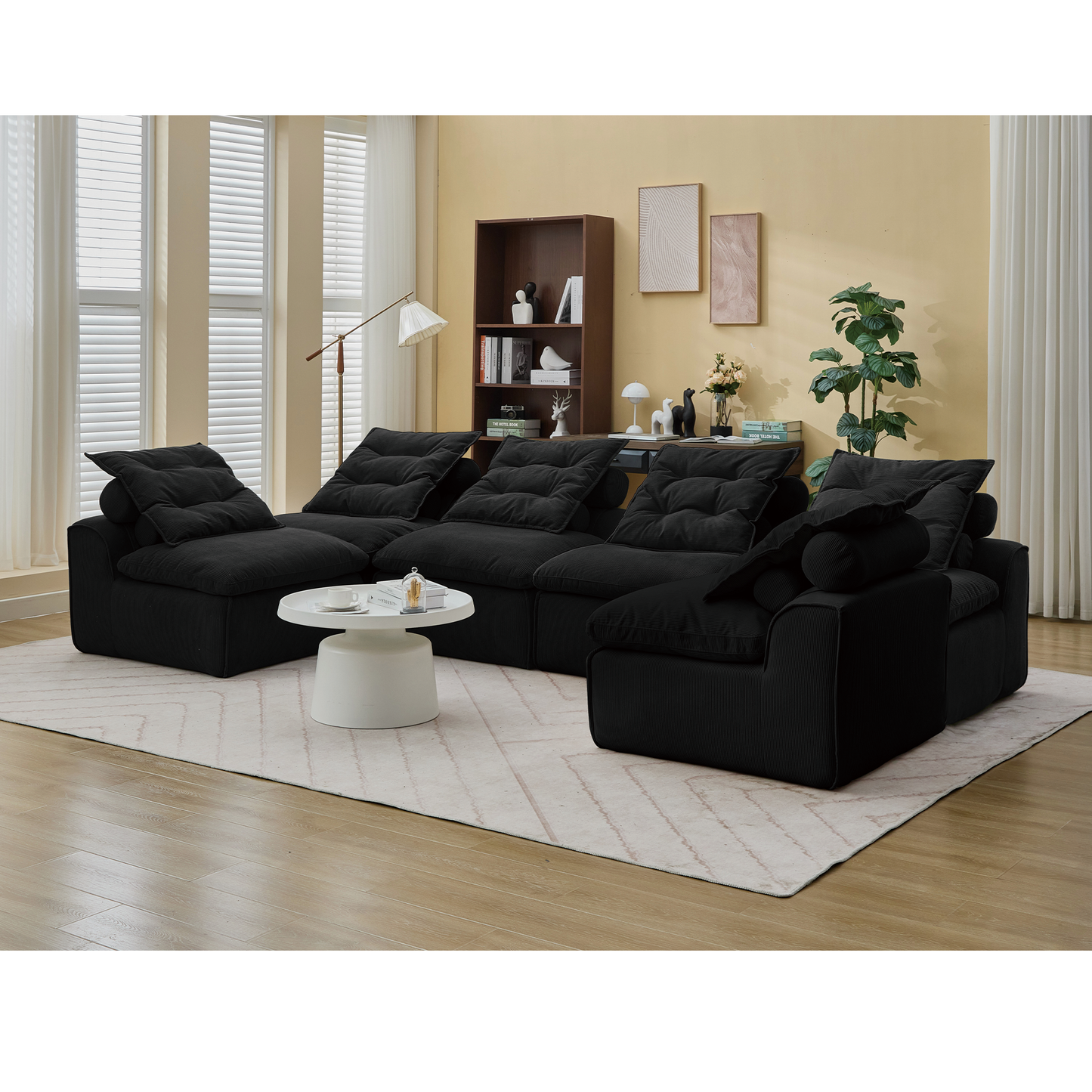 Modular Sofa,No Armrests,At will DIY,Corduroy ,Neck Pillow-Back Lounge Sofa Chair,Reading Nook, or Apartment Living, Lumbar Pillow,6 Seats,Upholstered,Black