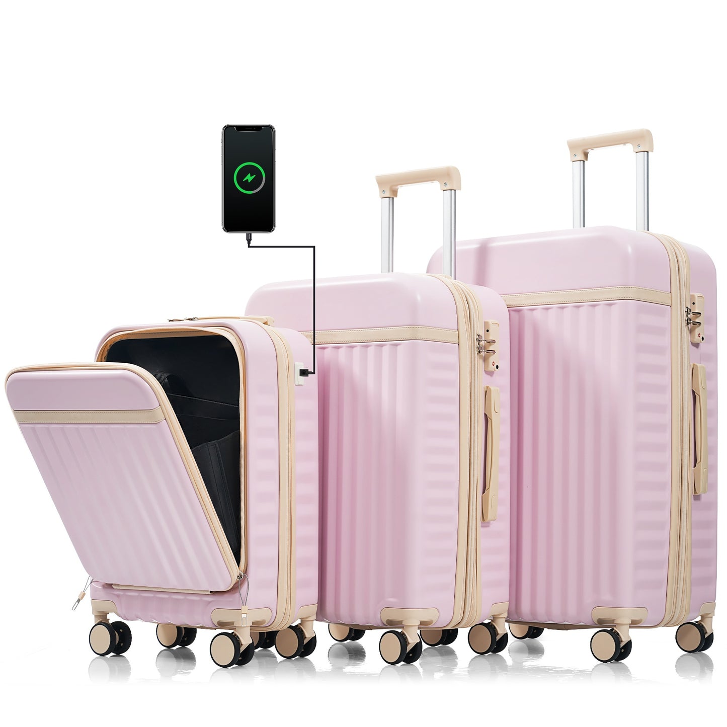 Luggage Set of 3, 20inch with USB Port, Front Opening Design Airline Certified