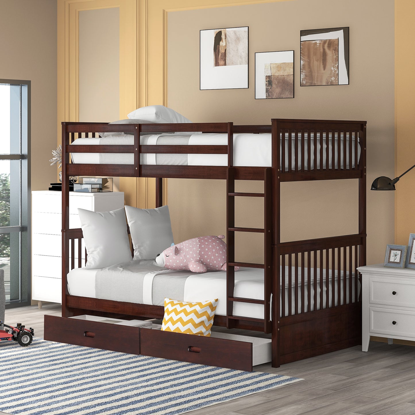 Twin-Over-Twin Bunk Bed with Ladders and Two Storage Drawers
