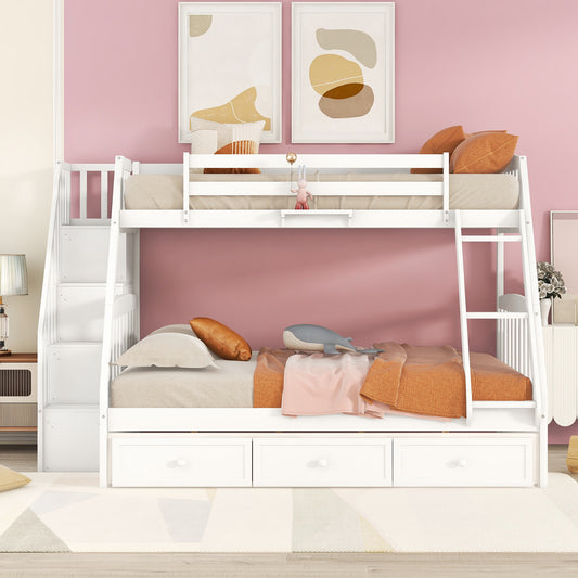 Bunk Bed, Twin Over Full, Solid Wood and MDF with Drawers, Storage Stairs, and Ladder for Shared Bedroom or Guest Room