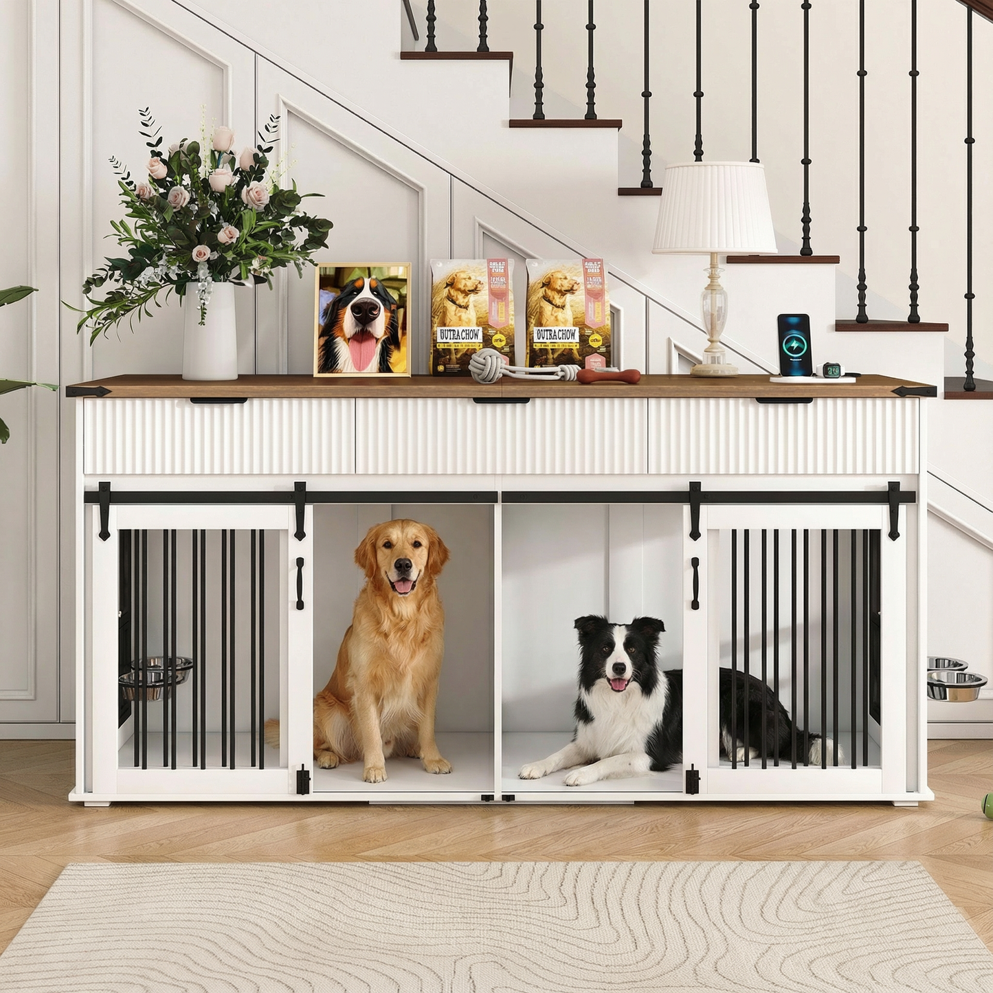 71" Double Dog Crate Furniture with Fluted Drawers – Large Wooden Dog Kennel Console Table with Waterproof Woodgrain Top