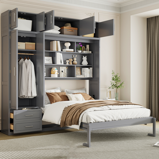 Murphy Wall Bed, Queen Size, MDF and LVL with Shelves, Wardrobe Storage, and Top Cabinets for Bedroom or Home Office