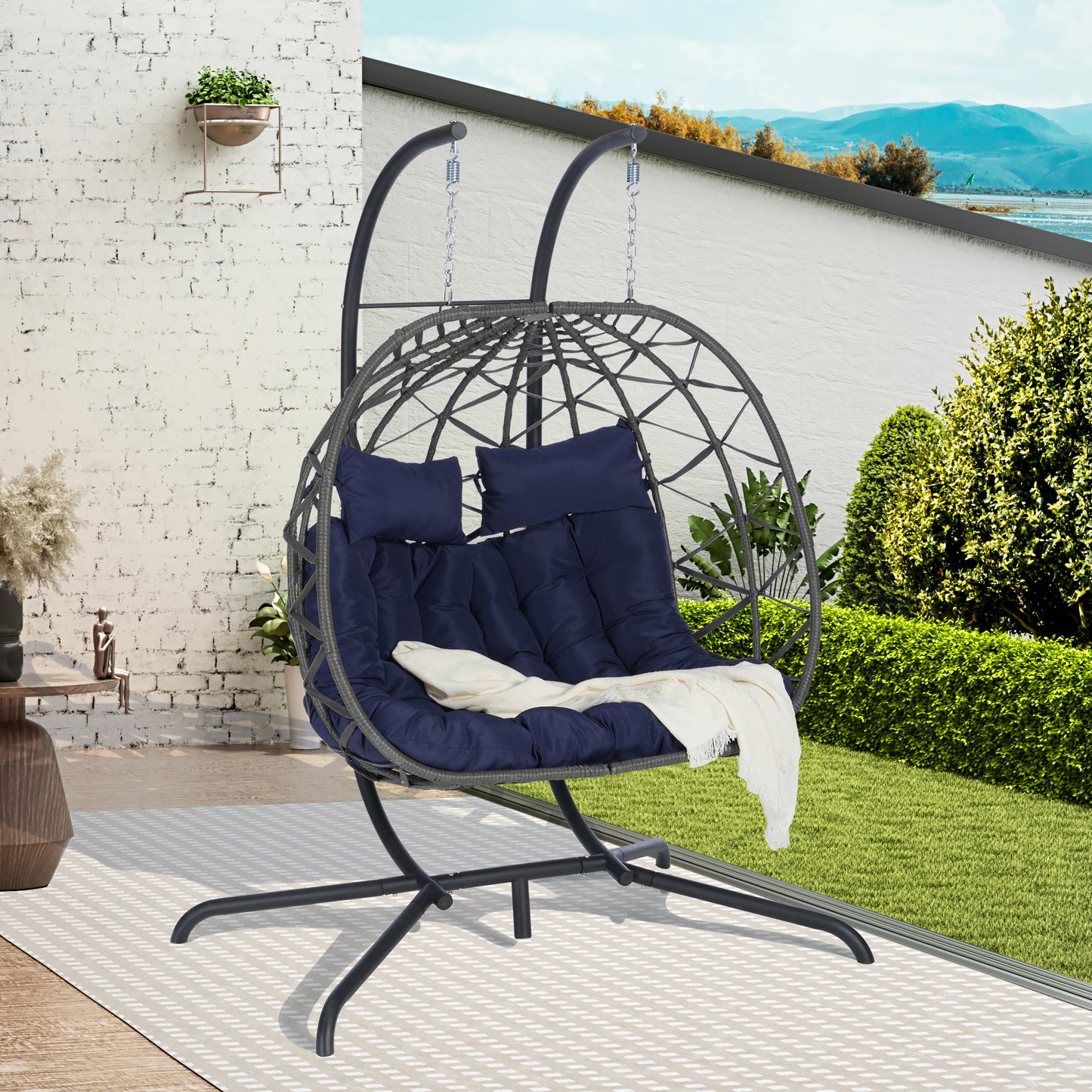Double Egg Hanging Chair with Stand – 2 Person Wicker Swing Chair with Cushion, Outdoor Patio Hammock Chair