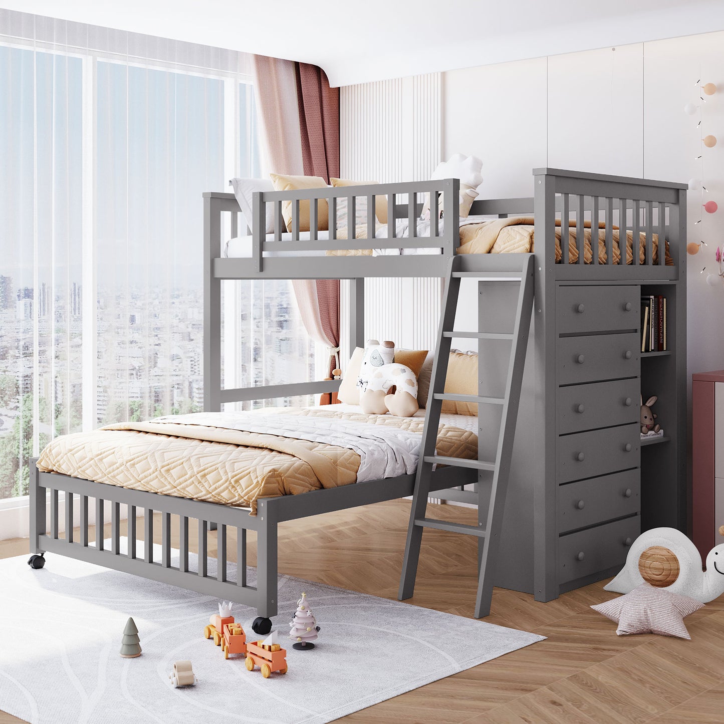 Wooden Twin Over Full Bunk Bed with Six Drawers and Flexible Shelves, Bottom Bed with Wheels