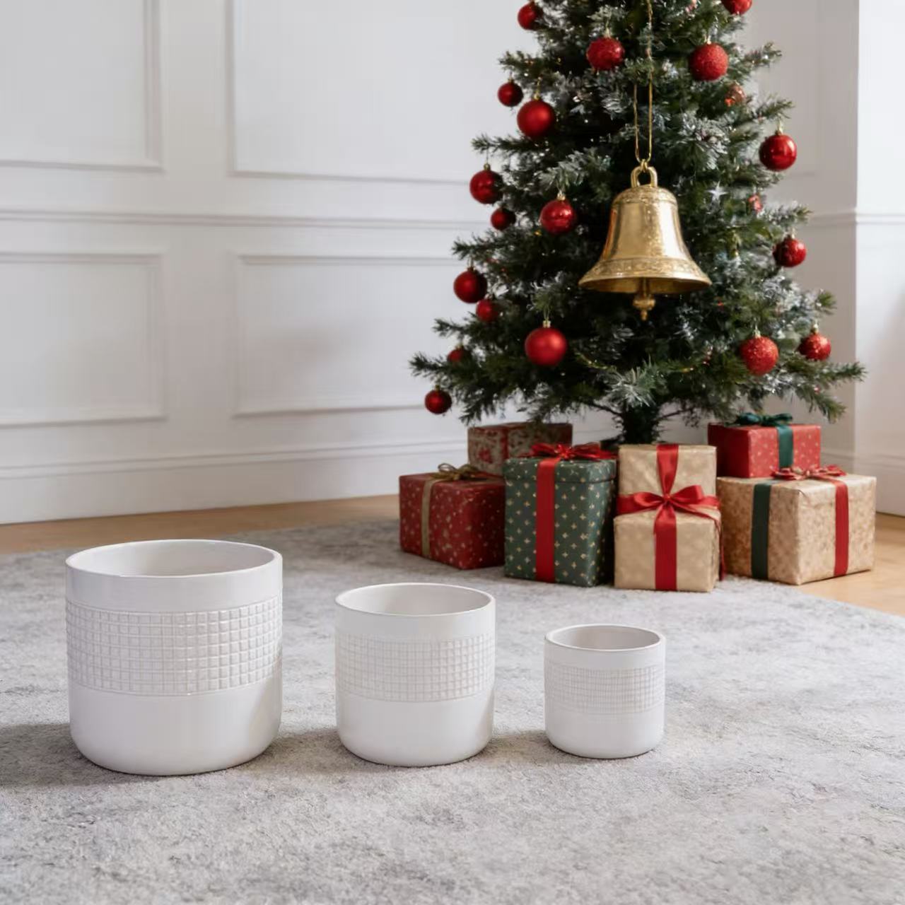 Handmade Grid Pattern Ceramic Planter Set of 3 with Drainage Holes for Succulents & Cacti Indoor/Outdoor Shelf & Table U