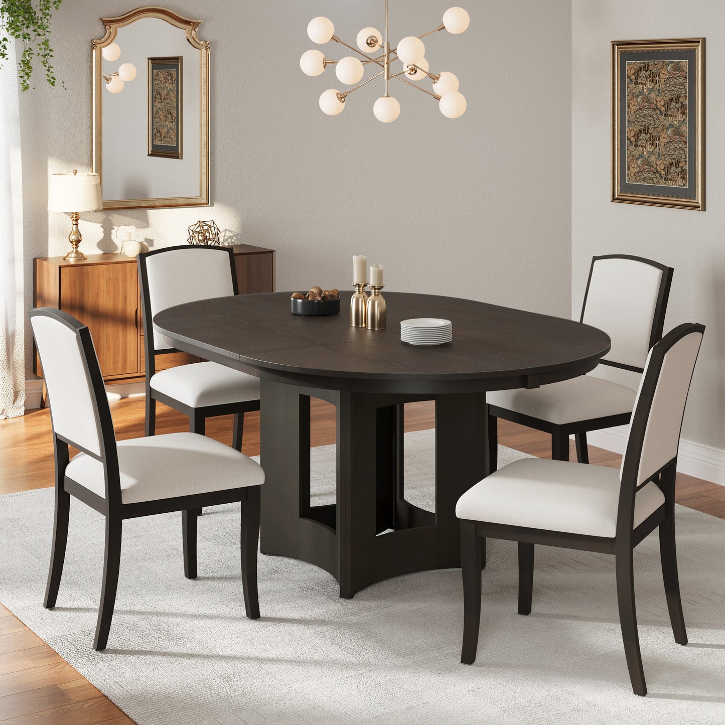 Farmhouse Extendable Round Dining Table Set for 4, 5-Piece Kitchen Table Set with 4 Upholstered Chairs and 16inch Remova