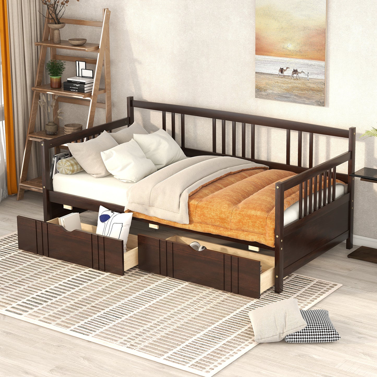 Twin Size Daybed Wood Bed with Two Drawers