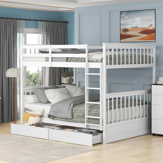 Bunk Bed, Full Over Full, Solid Wood with Two Storage Drawers and Ladder for Shared Bedroom or Guest Room