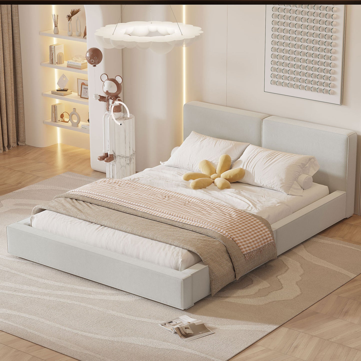 Queen Size Upholstered Platform Bed with Velvet Fabric, Grounded Bed with Solid Frame